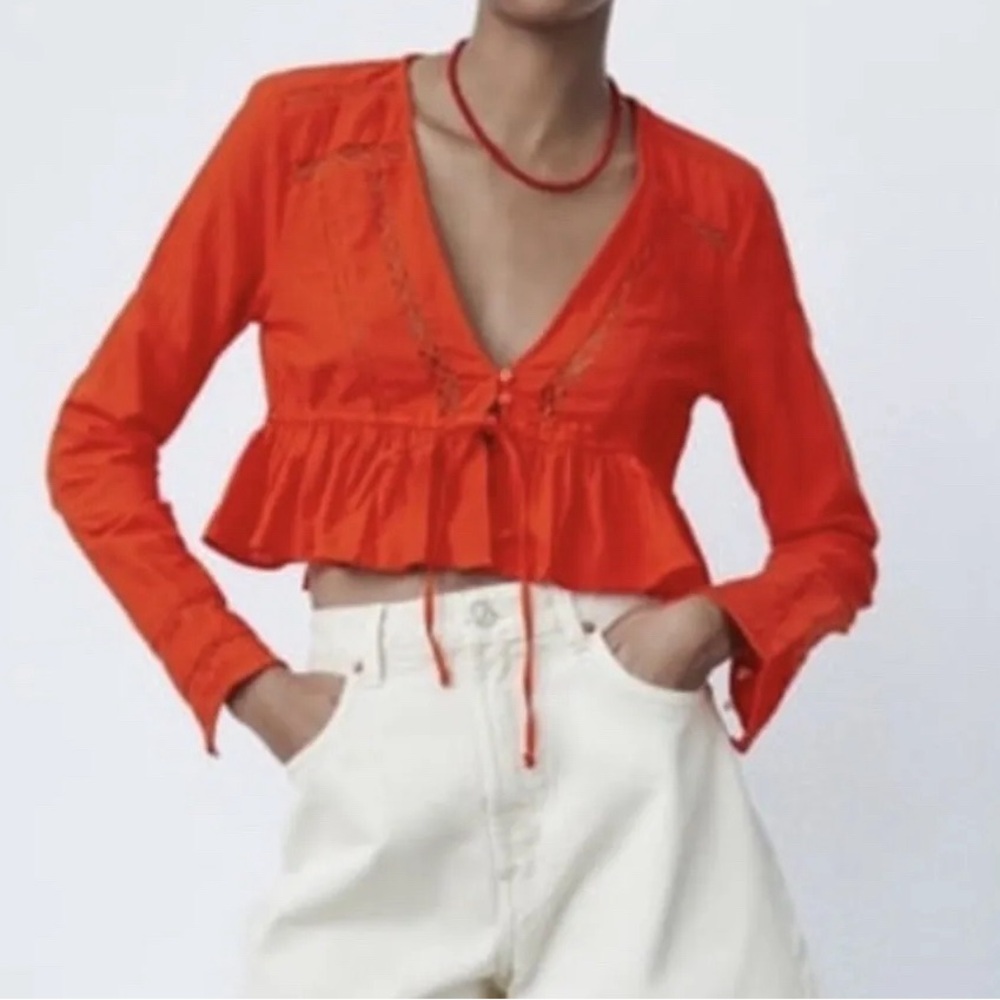 Zara Cropped Long Sleeve 100% Cotton Top with Lace Panel.